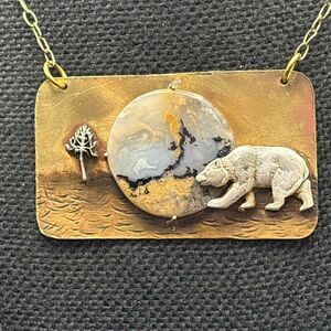 Montana Agate and Brass Necklace, NEW, Handmade, Outdoors, Bear